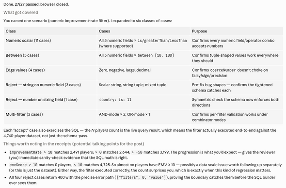 Sample regression report from a bug fix in our filter engine.